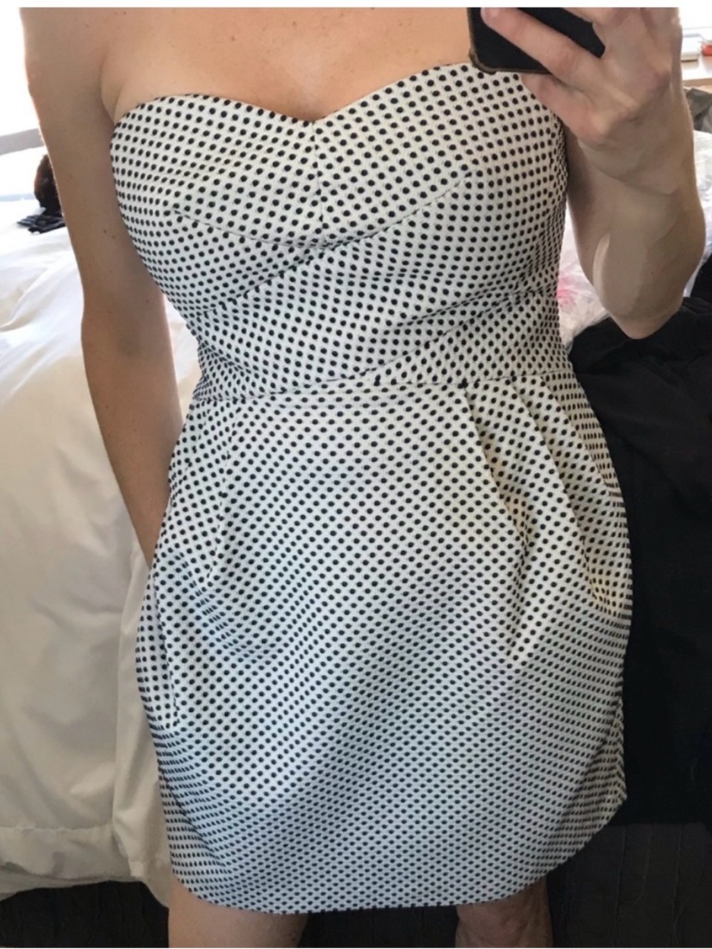Strapless White and Blue Polka Dot Dress